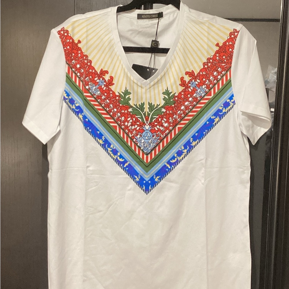 Just Cavalli White V-Neck T-Shirt with Multicolor Chevron Motif